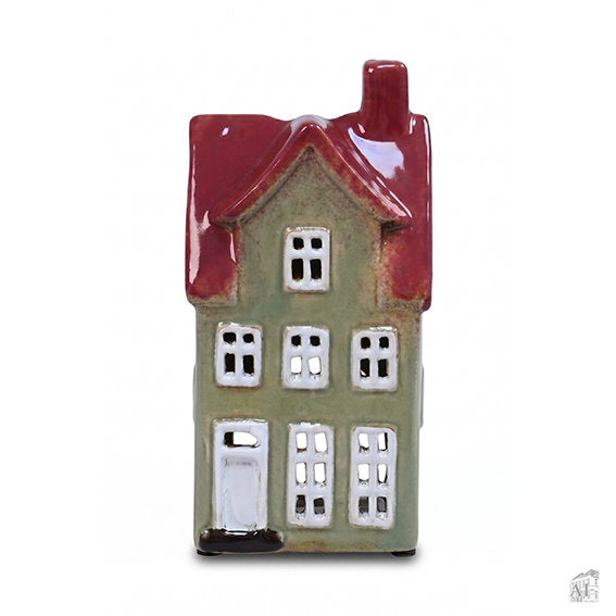 Teelichthaus aus Keramik - Grün/Rot