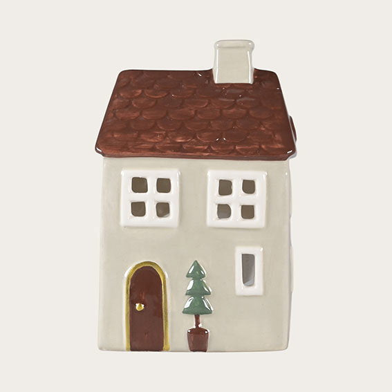 kleines Teelichthaus aus Keramik - Beige